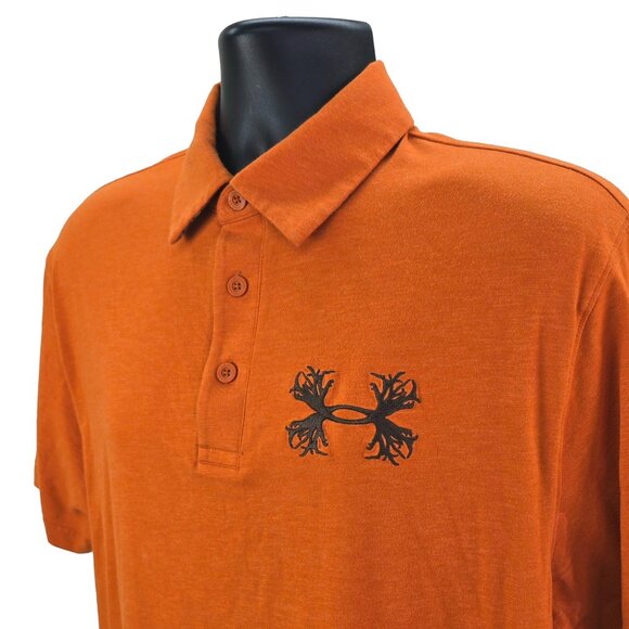 Under Armour Polo Shirt Men’s Large Orange Hunting Big Rack Logo Camo HeatGear - Picture 4 of 7